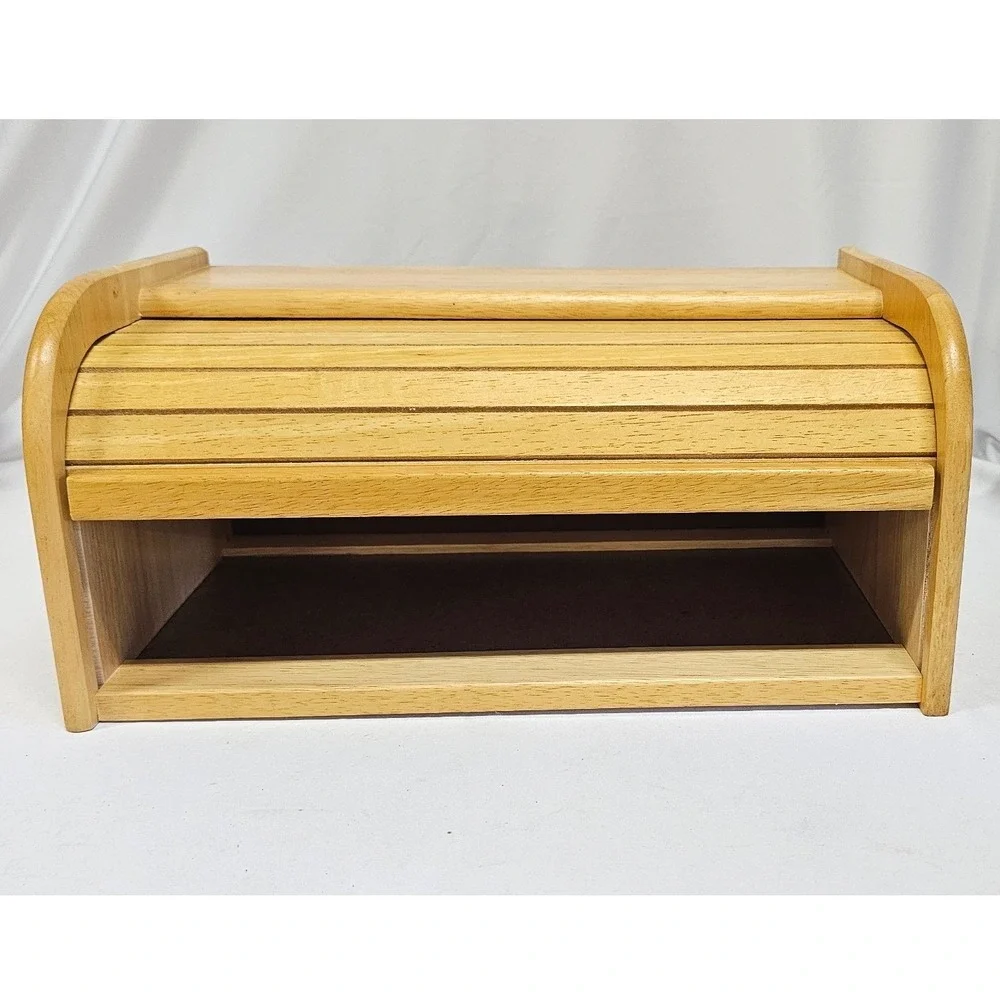 Vintage Wooden Roll Top Bread Box Natural Wood Kitchen Countertop Storage Bin